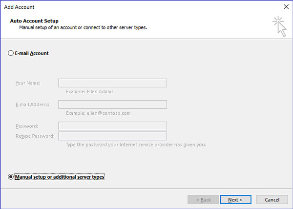 Select Manual setup in MS Outlook